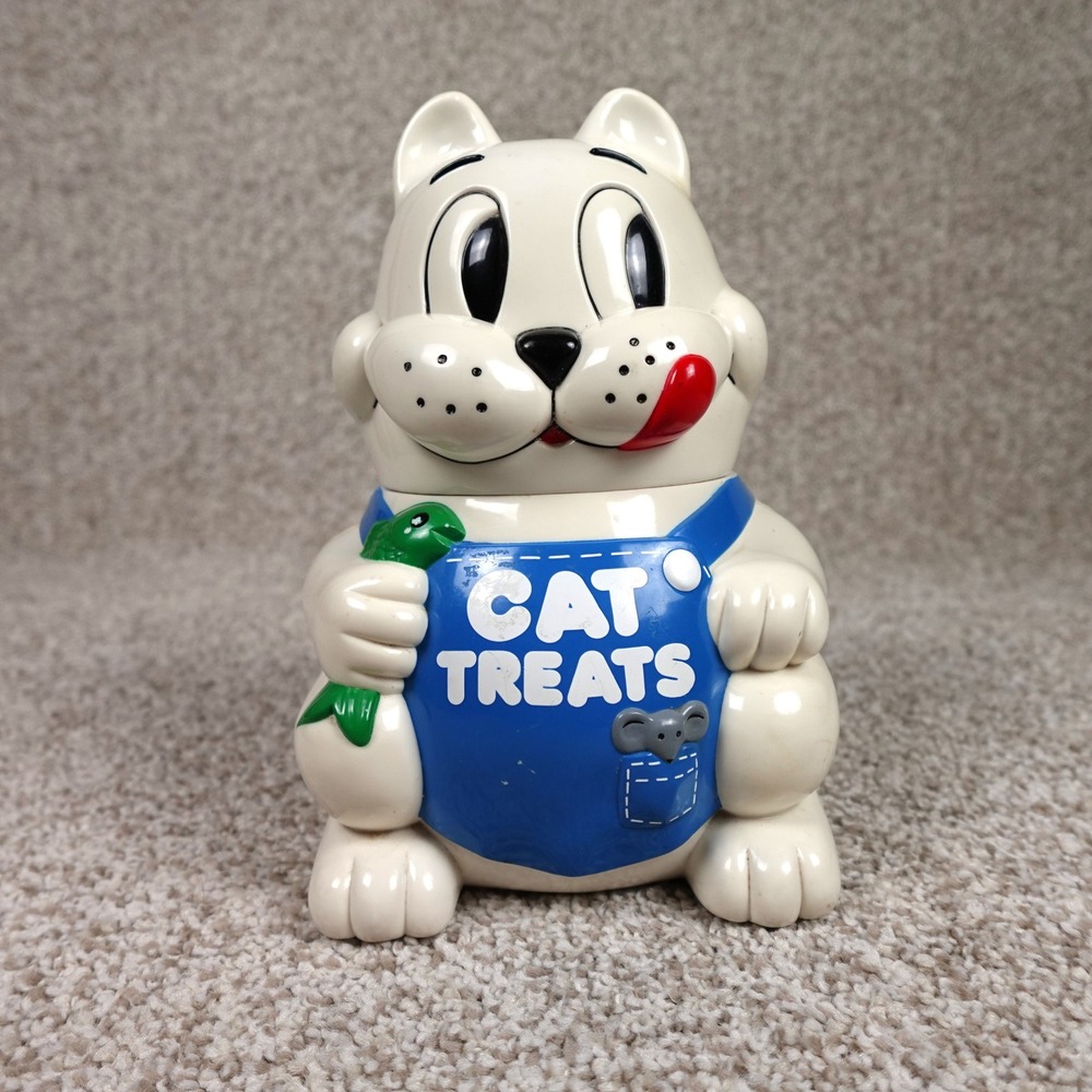 Vintage Fun-Damental Too Talking Cat Treat Jar White Plastic Novelty Canister